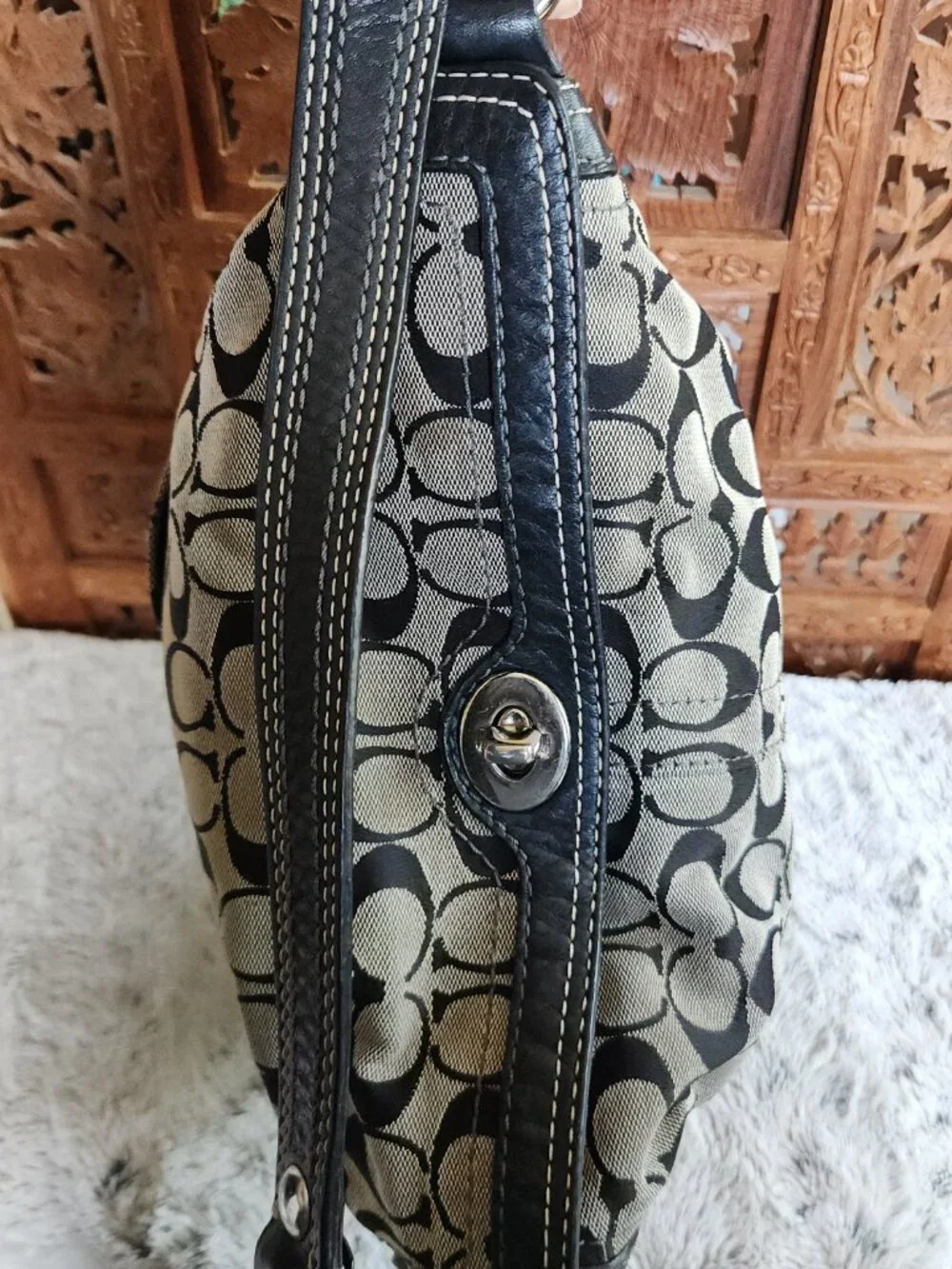 Coach Legacy Chelsea Hobo in Black/Gray Canvas with Creme Top Stitching 10982